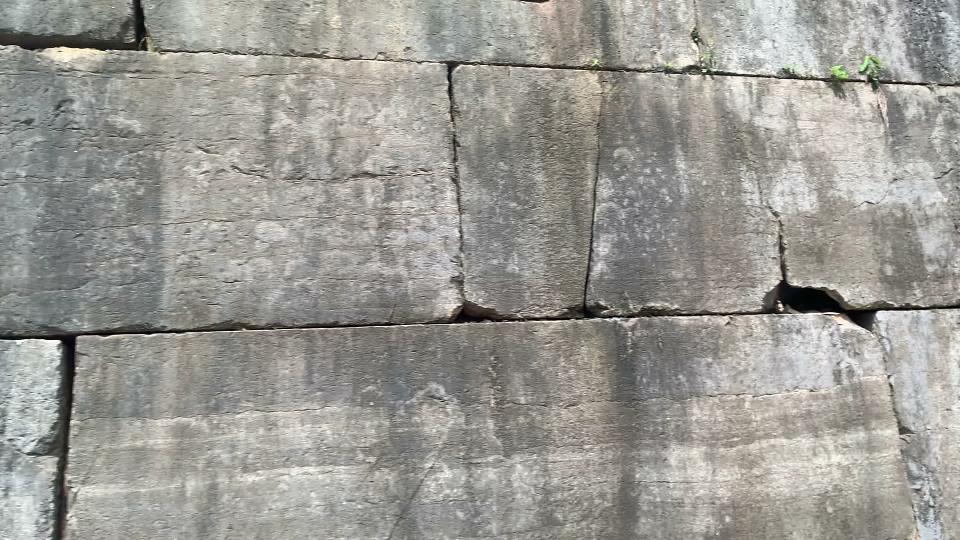 Hình ảnh chụp cận cảnh một bức tường đá cổ. Bức tường được xây dựng từ những khối đá lớn, hình chữ nhật, được xếp chồng lên nhau một cách kiên cố. Bề mặt của các khối đá có màu xám, đã bị phong hóa theo thời gian với các vết nứt, vệt ố sẫm màu. Giữa các kẽ đá và trên đỉnh tường có một ít cây cỏ dại mọc lên. Không có chữ viết hay văn bia nào có thể nhìn thấy. Đây là một phần của một công trình kiến trúc lịch sử, có khả năng là tường thành của Thành nhà Hồ.