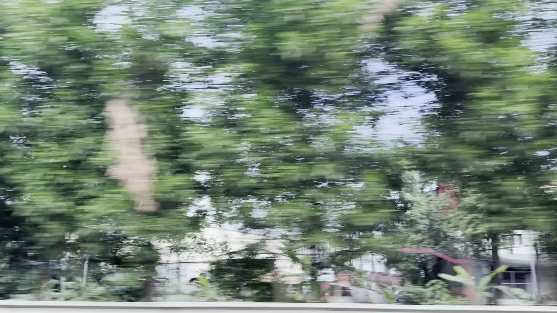 Hình ảnh bị mờ do chuyển động, được chụp từ một phương tiện đang di chuyển. Quang cảnh cho thấy một hàng cây xanh rậm rạp ven đường. Qua những tán cây, có thể thấy lờ mờ một vài ngôi nhà và công trình xây dựng. Phía dưới cùng của hình ảnh là một dải màu trắng, có thể là lan can bảo vệ trên đường hoặc một phần của chiếc xe.