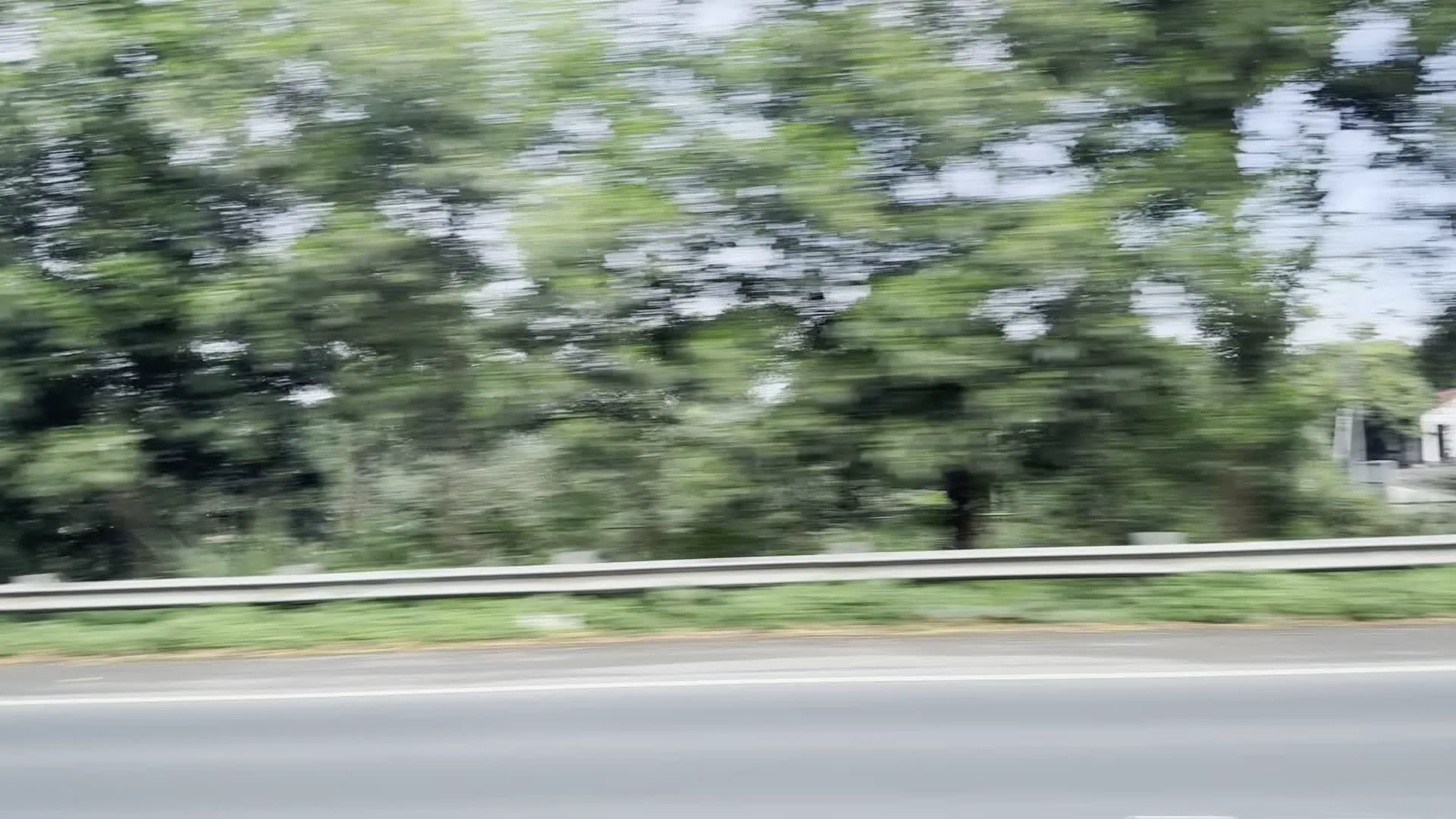 Bức ảnh được chụp từ một phương tiện đang di chuyển, cho thấy khung cảnh bên đường. Do tốc độ di chuyển nhanh, hình ảnh bị mờ, đặc biệt là các hàng cây xanh. Cảnh vật bao gồm một con đường nhựa, một hàng rào chắn bằng kim loại ở lề đường, và phía sau đó là thảm thực vật xanh tươi, rậm rạp. Có thể nhìn thấy một phần của một ngôi nhà màu trắng ở phía xa, đằng sau những lùm cây.