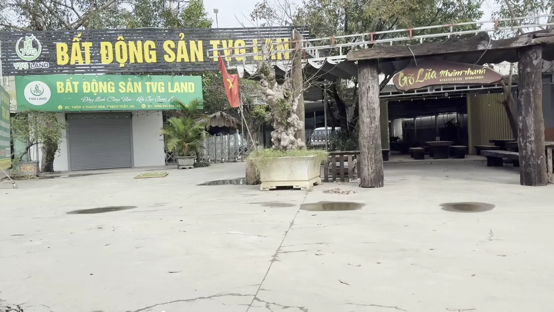 Bất động sản TVG Land (TVG Land不動産)。Địa chỉ: Thôn 2 Thạch Hòa, Thạch Thất, HN (住所：ハノイ市タックタット県タックホア社第2村)。Gỗ Lũa Nhâm Thanh (ニャム・タイン流木店)。Quán Phở Bà Lý (バ・リーさんのフォー食堂)。Phở Bò - Gà (牛肉と鶏肉のフォー)。Hair Salon Tóc Như Hoa (ニュー・ホア・ヘアーサロン)