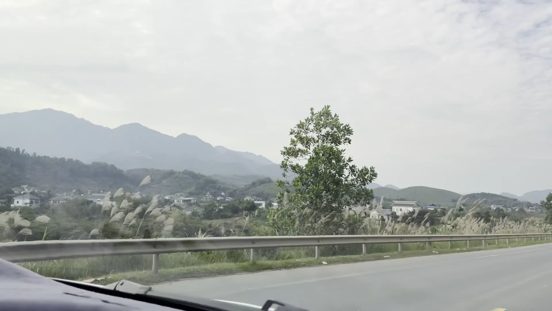 Hình ảnh ghi lại khung cảnh từ một chiếc xe đang di chuyển trên đường. Đây là một con đường nhựa có dải lan can an toàn bằng kim loại ở bên vệ đường. Phía bên kia lan can là một triền đồi phủ đầy cỏ lau đang trổ bông trắng xóa. Xa hơn, có thể thấy một ngôi làng với những ngôi nhà mái ngói nằm rải rác dưới chân những ngọn đồi và dãy núi. Những dãy núi ở phía xa bị che phủ bởi sương mù, tạo nên một khung cảnh nhiều lớp. Bầu trời có mây và thời tiết có vẻ âm u. Toàn bộ khung cảnh mang đặc trưng của vùng nông thôn miền núi ở Hòa Bình.