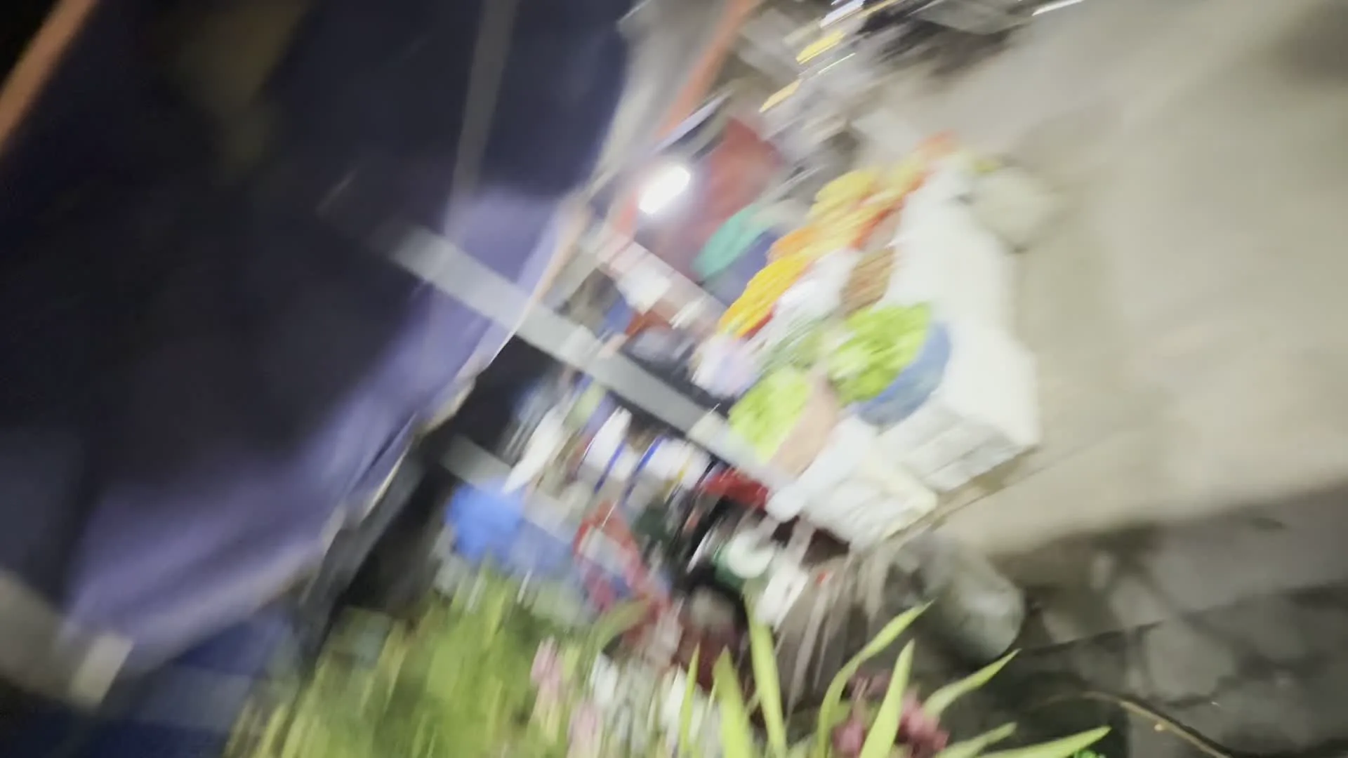 Hình ảnh bị mờ và rung lắc nặng, ghi lại cảnh quay di chuyển nhanh qua một khu chợ có mái che hoặc trong nhà. Có thể nhận ra các quầy hàng bày bán nhiều loại sản phẩm đầy màu sắc, có khả năng là rau củ quả. Các tấm bạt che màu xanh dương, xanh lá và màu cam được căng lên phía trên. Nền nhà được lát gạch. Trong một bức ảnh, có thể thấy lờ mờ một chiếc xe đẩy hoặc xe máy có giỏ hàng. Toàn bộ cảnh quay cho thấy góc nhìn của một người đang đi bộ hoặc di chuyển nhanh qua các lối đi trong chợ. Không có bất kỳ chữ viết nào trên biển hiệu hay bảng chỉ dẫn có thể đọc được do chất lượng hình ảnh rất kém và chuyển động nhanh.