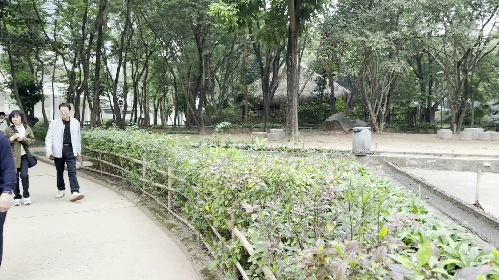 Khung cảnh diễn ra tại một khu vực ngoài trời rộng rãi, có nhiều cây xanh, giống như một công viên hoặc khu trưng bày của một bảo tàng văn hóa. Nhiều du khách, bao gồm cả người Việt Nam và người nước ngoài, đang đi dạo trên những con đường bê tông để tham quan. Xung quanh là các bãi cỏ và hàng rào tre thấp được cắt tỉa cẩn thận. Điểm nổi bật trong khu vực là các ngôi nhà kiến trúc truyền thống có mái lợp bằng lá, mô phỏng nhà ở của các dân tộc. Trong ảnh, có một người đàn ông mặc áo khoác sáng màu, một người đàn ông lớn tuổi mặc đồ tối màu đang đi bộ, và một nhóm du khách khác đang tụ tập trò chuyện. Có các cột thông tin màu đen đặt dọc theo lối đi nhưng không thể đọc rõ nội dung.