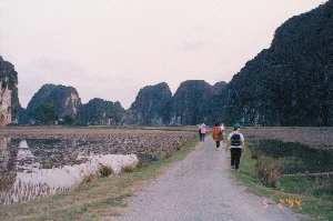Bức ảnh chụp một khung cảnh nông thôn yên bình, có khả năng là ở khu vực Tam Cốc, Ninh Bình. Phong cảnh được bao quanh bởi những dãy núi đá vôi hùng vĩ, đặc trưng của vùng này. Một nhóm khoảng năm người đang đi bộ trên một con đường mòn bằng đất sỏi. Bên cạnh con đường là một thửa ruộng ngập nước, có thể là ruộng lúa sau thu hoạch hoặc đầm sen, mặt nước phản chiếu bóng núi và bầu trời. Trong nhóm người, có một người phụ nữ đội nón lá, một hình ảnh đặc trưng của Việt Nam. Những người khác mặc trang phục thường ngày, một số đeo ba lô, cho thấy họ có thể là khách du lịch đang đi dạo ngắm cảnh. Ở góc dưới cùng bên phải của bức ảnh có dấu ngày tháng màu cam ghi "5 2 '94", cho biết thời điểm chụp là ngày 5 tháng 2 năm 1994.。（日本語訳）。写真は、おそらくニンビン省タムコック地方の、のどかな田園風景を写したものです。風景は、この地域に特徴的な雄大な石灰岩の山々に囲まれています。5人ほどのグループが、砂利の小道を歩いています。道の脇には水が張られた田があり、収穫後の水田か蓮池かもしれません。水面は山と空の影を映しています。グループの中には、ベトナムの象徴的な姿であるノンラーをかぶった女性が一人います。他の人々は普段着を着ており、何人かはバックパックを背負っていることから、彼らが景色を眺めながら散策している観光客である可能性がうかがえます。写真の右下隅には「5 2 '94」と記されたオレンジ色の日付スタンプがあり、撮影日が1994年2月5日であることを示しています。