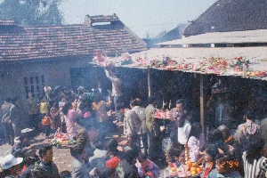 Bức ảnh ghi lại cảnh tượng đông đúc bên trong một ngôi chùa hoặc đền thờ vào dịp lễ hội đầu năm, có thể là Chùa Kho ở tỉnh Hà Bắc. Phía trên có một tấm biển lớn màu đỏ với dòng chữ nghệ thuật 'Chúc Mừng Năm Mới' và 'Xuân Giáp Tuất', cho thấy bối cảnh là dịp Tết Nguyên Đán năm 1994.。Hoạt động chính là người dân đi lễ chùa đầu năm. Một đám đông lớn gồm cả nam, nữ, người già và trẻ em đang chen chúc nhau trong không gian nghi ngút khói hương. Nhiều người đang chắp tay thành tâm khấn vái. Một người ở phía sau đang giơ cao một mâm lễ vật qua đầu để tiến vào khu vực ban thờ.。Phần tiền cảnh của bức ảnh bị choáng ngợp bởi một ban thờ khổng lồ hoặc nhiều bàn thờ được ghép lại, chất đầy lễ vật cúng tiến. Các lễ vật vô cùng phong phú, bao gồm hoa quả (rất nhiều cam, nho), bánh chưng, gà luộc, bánh kẹo, các lon nước ngọt hoặc bia, và rất nhiều vàng mã, tiền âm phủ với màu sắc sặc sỡ. Vô số nén hương đang cháy được cắm xen kẽ. Kiến trúc của ngôi chùa có thể được nhận thấy qua các cột gỗ sơn đỏ và mái lợp ngói ở phía sau.。（日本語訳）。この写真は、年始の祭りの時期にある寺院または祠堂の内部の混雑した光景を記録しており、おそらくハバク省のコー寺であろう。上部には「新年おめでとう」と「甲戌の春」という装飾的な文字が書かれた大きな赤い看板があり、1994年のテト（旧正月）の時期が背景であることを示している。主な活動は、人々の年始の寺参りである。男性、女性、老人、子供を含む大勢の群衆が、線香の煙が立ち込める空間で押し合いへし合いしている。多くの人々が敬虔に手を合わせて祈りを捧げている。後方の一人が、祭壇の区域へ進むためにお供え物の盆を頭上に高く掲げている。写真の前景は、奉納されたお供え物で埋め尽くされた巨大な祭壇、あるいは組み合わされた複数の祭壇に圧倒されている。お供え物は非常に豊富で、果物（たくさんのオレンジ、ブドウ）、バインチュン、茹で鶏、菓子、ソフトドリンクやビールの缶、そして色鮮やかな冥器や冥銭が多数含まれている。無数の燃えている線香が、間に挿し込まれている。寺院の建築様式は、後方にある赤く塗られた木の柱と瓦葺きの屋根から見て取れる。