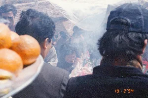 Bối cảnh là một cánh đồng hoa ở vùng nông thôn, được chụp vào ngày 19 tháng 2 năm 1994 tại khu vực tỉnh Hà Bắc. Toàn bộ tiền cảnh và trung cảnh là các luống hoa được trồng thẳng hàng, đang nở rộ hoa màu đỏ trên nền lá xanh. Giữa các luống cây là những lối đi nhỏ bằng đất. Phía bên trái có một khoảng đất trống đã được cày xới, chuẩn bị cho vụ mùa mới.。Ở phía sau là một khu dân cư với nhiều ngôi nhà, bao gồm nhà mái ngói và nhà tầng sơn trắng. Một ngôi nhà cũ tường trắng, mái ngói nằm nổi bật gần cánh đồng, được ngăn cách bởi một hàng rào bê tông. Một cột điện đứng giữa khung cảnh. Có một người đang đi bộ trên lối đi trong cánh đồng, cho thấy hoạt động canh tác nông nghiệp.。Góc dưới bên phải của ảnh có dấu ngày tháng màu cam "19 2 '94". Không có văn bản nào khác như biển hiệu hay chữ viết trên bia.。（日本語訳）。背景は、1994年2月19日にハバク省の地域で撮影された、田舎の花畑です。前景と中景全体は、まっすぐに植えられた花壇の畝で、緑の葉を背景に赤い花が満開に咲いています。畝の間には、土でできた小さな小道があります。左側には、新しい作付けに備えて耕された空き地があります。後方には住宅地があり、瓦屋根の家や白いペンキで塗られた階建ての家など、多くの家々があります。白い壁に瓦屋根の古い家一軒が畑の近くに際立って建っており、コンクリートの塀で隔てられています。風景の中に一本の電柱が立っています。畑の中の小道を歩いている人が一人おり、農業活動が行われていることを示しています。写真の右下隅には、「19 2 '94」というオレンジ色の日付印があります。看板や石碑の文字のような、他のテキストはありません。