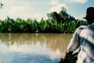 Bức ảnh chụp cảnh trên một con sông hoặc kênh rạch ở vùng nông thôn, có khả năng là ở Sóc Trăng. Một người đang di chuyển bằng thuyền trên dòng nước màu nâu phù sa. Nhìn từ phía sau, người này mặc một chiếc áo sơ mi sáng màu và đội một chiếc mũ tối màu. Hai bên bờ sông là những rặng dừa nước mọc rậm rạp và xanh tốt, một hình ảnh quen thuộc của vùng Đồng bằng sông Cửu Long. Bầu trời trong xanh, có mây trắng. Dưới góc phải của ảnh có dấu ngày tháng màu cam hiển thị '27 4 '94', cho biết thời điểm chụp là ngày 27 tháng 4 năm 1994.。（日本語訳）。田舎の川か運河の風景を撮った写真で、おそらくソクチャン省で撮られたものでしょう。一人の人が、沖積土で茶色になった水の上を船で移動しています。後ろから見ると、この人は明るい色のシャツを着て、暗い色の帽子をかぶっています。川の両岸には、メコンデルタ地域ではおなじみの光景である、青々と生い茂るニッパヤシの木々が並んでいます。空は青く澄み、白い雲が浮かんでいます。写真の右下には「27 4 '94」と表示されたオレンジ色の日付印があり、撮影日時が1994年4月27日であることを示しています。