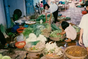 Đây là một khung cảnh tại một khu chợ truyền thống ở Việt Nam, có thể là ở Sóc Trăng vào khoảng năm 1994. Trên một cánh cửa gỗ màu xanh lam ở phía sau có ghi rõ số '13'. Hoạt động chính là buôn bán rau củ. Một người phụ nữ, có lẽ là người bán hàng, đang cúi xuống sắp xếp hàng hóa. Bên cạnh bà, một bé gái đang ngồi xổm lựa mướp đắng (khổ qua) trong một chiếc rổ tre lớn. Nền gạch ẩm ướt và sự hiện diện của nhiều người cho thấy một không khí chợ tấp nập. Các loại hàng hóa được bày bán rất phong phú, chủ yếu là nông sản tươi, được đặt trong các loại rổ, rá, mẹt tre đan. Có thể nhận ra nhiều loại rau củ quen thuộc như bắp cải, mướp, mướp đắng, củ cải trắng, cà rốt, gừng, chanh, hành lá, và các loại rau xanh khác. Ngoài ra còn có một rổ hành củ, các bó sả, và một mẹt lớn đựng đầy tôm khô hoặc cá khô nhỏ ở phía trước. Các vật dụng khác như thau nhôm, xô nhựa, và một chiếc quạt điện cũng xuất hiện trong khung cảnh.。（日本語訳）。これはベトナムの伝統的な市場の光景で、おそらく1994年頃のソクチャンでのものです。後ろにある青い木製の扉には「13」という数字がはっきりと書かれています。主な活動は野菜の売買です。一人の女性、おそらくは店主が、商品を並べるためにかがんでいます。彼女の隣では、一人の少女が大きな竹かごに入ったゴーヤ（苦瓜）を選びながらしゃがんでいます。湿ったレンガの床と多くの人々の存在が、にぎやかな市場の雰囲気を示しています。販売されている商品は非常に豊富で、主に新鮮な農産物であり、様々な種類の竹で編んだかご、ざる、平たい盆に置かれています。キャベツ、ヘチマ、ゴーヤ、大根、人参、生姜、ライム、青ネギ、その他の青野菜など、多くの見慣れた野菜が見分けられます。その他にも、エシャロットのかご、レモングラスの束、そして手前には干しエビか小魚の干物でいっぱいの大きな平たい盆があります。アルミニウムのたらい、プラスチックのバケツ、扇風機などの他の物も光景の中に現れています。