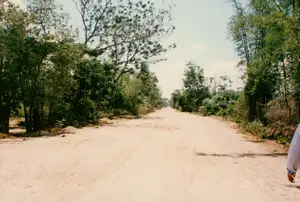 Chữ viết được ghi lại: Có một dấu thời gian mờ của máy ảnh ở góc dưới bên phải, có thể đọc là '30 10:15'. Không có biển báo, bia đá hay chữ viết nào khác trong ảnh.。Mô tả cảnh vật và hoạt động: Bức ảnh chụp một con đường đất rộng ở vùng nông thôn, có lẽ là ở khu vực Sóc Trăng. Con đường không được trải nhựa và có nhiều vệt bánh xe, cho thấy có phương tiện qua lại. Hai bên đường là cây cối rậm rạp, bao gồm cả những bụi tre, trúc cao, tạo nên một khung cảnh làng quê đặc trưng của Việt Nam thời bấy giờ. Bầu trời quang đãng và có nắng. Ở phía xa trên con đường, có thể thấy bóng dáng lờ mờ của người hoặc phương tiện nhưng không rõ. Ở góc dưới bên phải của bức ảnh, có một phần cánh tay của một người đang mặc áo sơ mi dài tay màu sáng.。（日本語訳）。記録された文字：右下隅にカメラのかすかなタイムスタンプがあり、「30 10:15」と読めるかもしれません。写真には他に看板、石碑、その他の文字はありません。風景と活動の説明：写真は田舎の広い未舗装の道を写しており、おそらくソクチャン地方でしょう。道は舗装されておらず、多くの轍があり、車両が通行していることを示しています。道の両側には木々が鬱蒼と茂っており、高い竹や笹の茂みも含まれ、当時のベトナムの典型的な田舎の風景を作り出しています。空は晴れており、日が差しています。道の遠くの方に、人か乗り物のかすかな影が見えますが、はっきりとは分かりません。