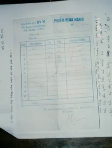 Đây là hình ảnh chụp cận cảnh một tài liệu giấy, cụ thể là một 'PHIẾU MUA HÀNG' của một cơ sở kinh doanh tại Sóc Trăng vào năm 1994. Toàn bộ văn bản và chữ viết tay có thể đọc được như sau:。**Thông tin in sẵn trên phiếu:**。- Tên cơ sở: VỰA TÔM TÉP ÚT XI。- Địa chỉ: Mỹ Xuyên Sóc Trăng。- Điện thoại: Tel : 51367 - 21387。- Tiêu đề: PHIẾU MUA HÀNG。- Các cột trong bảng: STT (Số thứ tự), TÊN HÀNG, SL (Số lượng), ĐG (Đơn giá), THÀNH TIỀN.。- Dưới cùng: Mỹ Xuyên, ngày 22 tháng 4 năm 1994, Kế toán.。**Thông tin viết tay:**。- Phiếu ghi lại giao dịch mua 4 mặt hàng khác nhau với số lượng (SL) lần lượt là 10,1; 10,2; 7,6; 2,4. Tổng cộng số tiền được ghi là 1.478.900.。- Bên phải phiếu có các ghi chú viết tay, dường như là câu trả lời cho một cuộc phỏng vấn hoặc khảo sát:。- Câu hỏi: "Bán nông, ngư sản ở đâu, cho ai。thuận lợi, khó khăn gì。"。- Trả lời: "- bán lúa cho người xóm mà thiếu lúa. bằng tiền mặt"。- Trả lời: "- bán tôm tại thị xã Sóc Trăng, cho tư nhân 'Út xy'"。- Bên trái phiếu có mục: "6. Mức tích lũy hàng năm (một số năm gần đây):"。**Mô tả hoạt động:**。Tài liệu này ghi lại một hoạt động thương mại, cụ thể là việc mua bán tôm tép tại một vựa ở huyện Mỹ Xuyên, tỉnh Sóc Trăng. Các ghi chú bên lề cho thấy bối cảnh kinh tế của người dân địa phương vào thời điểm đó, bao gồm việc bán nông sản (lúa) và thủy sản (tôm) để lấy tiền mặt.。（日本語訳）。これは紙の書類のクローズアップ写真で、具体的には1994年にソクチャン省のある事業所の「購入伝票」です。印刷されたテキストと手書き文字はすべて以下のように読み取れます。**伝票に印刷済みの情報：**。- 事業所名：VỰA TÔM TÉP ÚT XI。- 住所：ミースエン、ソクチャン。- 電話番号：Tel : 51367 - 21387。- 表題：購入伝票。- 表の各列：STT（連番）、品名、SL（数量）、ĐG（単価）、金額。- 最下部：ミースエン、1994年4月22日、会計。**手書きの情報：**。- 伝票には4つの異なる品目の購入取引が記録されており、数量（SL）はそれぞれ10.1、10.2、7.6、2.4です。記録されている合計金額は1,478,900です。- 伝票の右側には手書きのメモがあり、インタビューまたは調査への回答のようです：。- 質問：「農産物、水産物はどこで、誰に売りますか。利点、困難は何ですか。」。- 回答：「- 米が不足している近所の人に米を売る。現金で」。- 回答：「- ソクチャン市社でエビを売る、個人事業主の『ウット・シー』に」。- 伝票の左側には項目があります：「6. 年間蓄積額（ここ数年）：」。**活動の記述：**。この書類は商業活動、具体的にはソクチャン省ミースエン県の卸売店でのエビ・小エビの売買を記録しています。欄外のメモは、現金を得るための農産物（米）や水産物（エビ）の販売を含む、当時の地元住民の経済的背景を示しています。