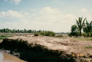 Bức ảnh ghi lại một khung cảnh nông thôn yên bình, có thể là ở khu vực Sóc Trăng. Ở tiền cảnh là một con kênh hoặc mương nước với bờ đất cao, có vẻ như mới được đào đắp hoặc bị sạt lở. Phía sau bờ đất là một vùng đất rộng với cây cỏ và bụi rậm. Ở phía xa, có thể thấy những ao, ruộng nước và một ngôi nhà mái lá hoặc ngói đơn sơ ẩn mình giữa những hàng cây dừa và cây cối um tùm. Bầu trời trong xanh, điểm xuyết những đám mây trắng. Không có hoạt động cụ thể nào của con người diễn ra, chỉ có cảnh quan thiên nhiên tĩnh lặng. Ở góc dưới bên phải của ảnh có dấu ngày tháng màu vàng, ghi là "'94 5 3".。（日本語訳）。写真は、おそらくソクチャン地方の、のどかな田園風景を記録しています。前景には、高い土手のある運河か用水路があり、新しく掘られたか、あるいは土砂崩れが起きたかのようです。土手の後ろには、草や茂みのある広い土地が広がっています。遠くには、池や水田、そしてココナッツの木々や生い茂る木々の間に隠れるように建つ、簡素な茅葺きまたは瓦葺きの家が見えます。空は青く澄み渡り、白い雲が点在しています。特定の人間の活動は見られず、静かな自然の景観だけがあります。写真の右下隅には、「'94 5 3」と記された黄色い日付のスタンプがあります。