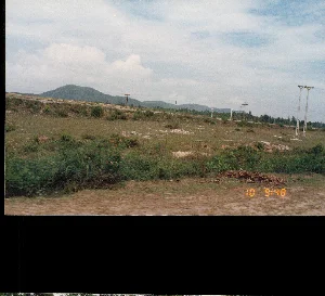 Bức ảnh chụp một khung cảnh vùng nông thôn hoặc ngoại ô, có khả năng là trên tuyến đường giữa Huế và Đà Nẵng. Phong cảnh chủ yếu là một khu đất rộng, trống trải với cỏ và cây bụi mọc thưa thớt. Ở phía xa, một con đường chạy ngang qua, dọc theo đó là các cột điện bằng gỗ và cả cột điện cao thế bằng kim loại màu trắng. Có một vài vật thể trông giống như biển báo giao thông nhưng ở quá xa nên không thể đọc được chữ. Phía sau cùng là dãy núi trập trùng dưới bầu trời xanh và mây trắng. Không có người hay hoạt động cụ thể nào diễn ra trong ảnh, chỉ có một cảnh quan thiên nhiên tĩnh lặng.。（日本語訳）。写真は田舎か郊外の風景を写したもので、フエとダナンの間の路上である可能性があります。風景は主に、草や低木がまばらに生えた、広くて何もない土地です。遠くには道が横切っており、その道に沿って木製の電柱と白い金属製の高圧鉄塔があります。一番奥には、青い空と白い雲の下に連なる山々があります。写真の中には人や特定の活動は見られず、静かな自然の風景だけがあります。