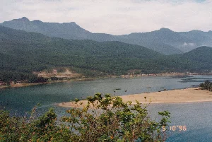 Trên ảnh có dấu ngày tháng dạng số: "5 10 '96".。Đây là một bức ảnh phong cảnh được chụp từ trên cao, nhìn xuống một vùng vịnh hoặc đầm phá ven biển, rất có thể là Vịnh Lăng Cô. Phong cảnh bao gồm một mặt nước rộng lớn, phẳng lặng, được bao quanh bởi những dãy núi trập trùng phủ đầy cây xanh. Ở phía xa, ven bờ là một làng chài nhỏ với những ngôi nhà san sát nhau. Một dải cát vàng nổi bật, tạo thành một mũi đất chạy ra biển. Trên mặt nước và trên bãi cát có nhiều chiếc thuyền gỗ nhỏ (ghe) đang neo đậu hoặc được kéo lên bờ, cho thấy hoạt động chính ở đây là đánh bắt cá. Có một vài bóng người nhỏ trên bãi cát. Ở tiền cảnh là các bụi cây hoa dại.。（日本語訳）。写真には「5 10 '96」という数字形式の日付スタンプがあります。これは、高い場所から撮影された風景写真で、海岸の湾またはラグーンを見下ろしており、おそらくランコー湾だと思われます。風景には、緑の木々で覆われた起伏のある山々に囲まれた、広大で穏やかな水面が含まれています。遠くの岸辺には、家々が密集した小さな漁村があります。一筋の黄色い砂浜が際立っており、海に突き出す岬を形成しています。水面と砂浜には、停泊しているか岸に引き上げられている多くの小さな木造船（ゲ）があり、ここでの主な活動が漁業であることを示しています。砂浜の上には、いくつかの小さな人影があります。前景には野花の茂みがあります。