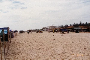 Đây là khung cảnh một bãi biển rộng lớn với cát vàng trải dài dưới bầu trời nhiều mây. Dọc theo bãi biển là một dãy các lều quán tạm bợ, có thể để phục vụ khách du lịch. Các lều quán này có kết cấu đơn sơ, một số được lợp mái lá, số khác được dựng lên từ các cọc gỗ và che bằng tấm bạt màu xanh. Ở phía sau, có một tòa nhà bê tông lớn, nhiều tầng, dường như đang trong quá trình xây dựng, có thể thấy giàn giáo trên tầng thượng. Phía sau tòa nhà là một hàng cây xanh. Một nhóm nhỏ vài người đang đi bộ trên bãi cát. Giữa bãi cát có một chiếc ô (dù) che nắng màu vàng đã được xếp lại. Không có văn bản hay biển hiệu nào có thể đọc rõ trong ảnh.。（日本語訳）。これは、曇り空の下に黄色い砂浜が広がる、広大なビーチの光景です。ビーチに沿って、観光客にサービスを提供するためと思われる仮設の屋台が並んでいます。これらの屋台は簡素な造りで、いくつかは葉で葺かれた屋根で、他は木の杭で建てられ、青い防水シートで覆われています。後方には、大きな多階建てのコンクリートの建物があり、建設中のようで、最上階には足場が見えます。建物の後ろには、緑の木々が並んでいます。数人の小さなグループが砂浜を歩いています。砂浜の中央には、折りたたまれた黄色い日傘があります。写真の中には、はっきりと読み取れる文字や看板はありません。