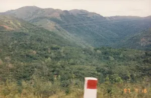 Trong ảnh có dấu ngày tháng màu vàng '97 7 16'.。Bối cảnh là một vùng núi ở Việt Nam, có thể là một con đèo. Toàn bộ khung cảnh là một dãy núi trập trùng, được bao phủ bởi rừng cây xanh rậm rạp. Bầu trời có màu trắng đục, có vẻ là một ngày nhiều mây. Vắt ngang qua sườn núi là những đường dây điện. Ở phía tiền cảnh, có một cọc tiêu giao thông sơn hai màu trắng và đỏ. Cảnh vật ở tiền cảnh bị mờ, cho thấy bức ảnh được chụp từ một phương tiện đang di chuyển.。（日本語訳）。写真には「'97 7 16」という黄色い日付スタンプがある。背景はベトナムの山岳地帯で、峠である可能性がある。全景は、緑豊かな鬱蒼とした森に覆われた、起伏のある山脈である。空は乳白色で、曇りの日のようだ。山腹を横切って電線が走っている。前景には、白と赤の2色で塗られた交通用のデリニエーターがある。前景の景色はぼやけており、写真が移動中の乗り物から撮影されたことを示している。