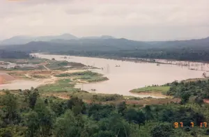Thông tin văn bản trong ảnh: "97 7 17".。Bối cảnh là một khung cảnh thiên nhiên rộng lớn, nhìn từ trên cao xuống một khúc sông lớn hoặc một hồ chứa nước đang hình thành tại một vùng đồi núi. Dựa vào bối cảnh địa lý, đây có thể là khu vực công trình thủy điện Yaly ở Kon Tum. Nước sông có màu nâu đục, cho thấy lượng phù sa lớn. Nhiều cây cối khô héo, trơ trụi cành lá mọc lên từ dưới mặt nước, cho thấy đây là một khu vực bị ngập lụt, có thể là để tích nước cho hồ thủy điện. Ở phía xa, những dãy núi trập trùng được bao phủ bởi rừng cây xanh rậm. Bờ sông bên trái là một khu vực đất đỏ bị san ủi, có những con đường đất, trông giống một công trường xây dựng. Có một chiếc thuyền nhỏ (ghe) đang di chuyển trên mặt nước. Bầu trời u ám, nhiều mây.。（日本語訳）。画像内のテキスト情報：「97 7 17」。背景は広大な自然の風景で、丘陵地帯に形成されつつある大きな川の一部分または貯水池を上から見下ろしています。地理的な背景に基づくと、これはコントゥム省のヤリー水力発電所の工事区域である可能性があります。川の水は茶色く濁っており、多量の沖積土を含んでいることを示しています。多くの枯れた木々が枝葉をむき出しにして水面から生えており、ここが浸水地域であり、水力発電所の貯水池のために水を貯めている可能性があることを示しています。遠方には、緑豊かな森林に覆われた起伏のある山々が連なっています。左側の川岸は、整地された赤土のエリアで、未舗装の道があり、建設現場のように見えます。水面を移動している小さなボート（ゲ）が一艘あります。空はどんよりとしており、雲が多いです。