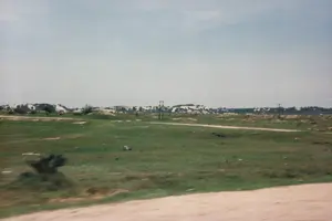 Bức ảnh chụp một khung cảnh thiên nhiên rộng lớn ở vùng nông thôn hoặc ven biển, có thể là trên tuyến đường giữa Nha Trang và Sài Gòn. Hình ảnh có vẻ được chụp từ một phương tiện đang di chuyển, thể hiện qua phần tiền cảnh bị mờ. Ở giữa là một cánh đồng cỏ xanh rộng lớn, có một con đường đất nhỏ chạy ngang qua. Phía xa là những đồi cát trắng và cây cối lúp xúp, một cảnh quan đặc trưng của vùng duyên hải Nam Trung Bộ Việt Nam. Một vài cột điện cũng có thể được nhìn thấy ở phía xa. Bầu trời trong xanh, quang đãng. Không có hoạt động nào của con người được ghi lại, chỉ có phong cảnh thiên nhiên yên bình.。（日本語訳）。この写真は、ニャチャンとサイゴンを結ぶ道中かもしれない、田舎または沿岸地域の広大な自然風景を写したものです。画像は移動中の乗り物から撮影されたようで、前景がぼやけていることからそれが分かります。中央には広大な緑の草原が広がり、そこを小さな未舗装の道が横切っています。遠くには白い砂丘と低木があり、ベトナム南中部沿岸地域に特徴的な景観です。遠くには数本の電柱も見えます。空は青く澄み渡っています。人間の活動は記録されておらず、ただ穏やかな自然風景が広がっています。