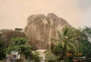 Bức ảnh chụp một cảnh quan với những tảng đá granit khổng lồ, tròn và nhẵn ở trung tâm. Bề mặt đá có những vệt màu sẫm do nước chảy hoặc thời gian bào mòn. Dưới chân núi đá là một vài ngôi nhà cấp 4, mái tôn đơn sơ. Xung quanh được bao phủ bởi cây cối xanh tốt, nổi bật là một cây dừa cao ở bên phải và nhiều cây bụi khác. Ở phía dưới bên trái, có một tấm biển bị che khuất một phần bởi cây cối. Trên biển có thể nhìn thấy rõ chữ "VÉ" màu đỏ, cho thấy đây có thể là một khu du lịch, danh lam thắng cảnh hoặc một địa điểm tôn giáo có thu phí vào cửa. Các chi tiết khác trên biển không thể đọc được. Trên đỉnh của một trong những tảng đá bên trái, có một cột ăng-ten được dựng lên. Bầu trời có màu trắng đục, cho thấy thời tiết có thể đang có nhiều mây. Dấu ngày tháng màu cam ở góc dưới bên phải cho biết bức ảnh được chụp vào ngày 24 tháng 7 năm 1997. Không có hoạt động nào của con người được ghi lại trong ảnh.。（日本語訳）。写真は、中央に巨大で丸く滑らかな花崗岩の塊がある風景を写しています。岩の表面には、水の流れや時間の経過による侵食でできた暗い色の筋があります。岩山の麓には、簡素なトタン屋根の平屋建ての家が数軒あります。周囲は青々とした木々に覆われており、特に右側にある高いヤシの木と他の多くの低木が目立ちます。左下には、木々によって部分的に隠れている看板があります。看板には赤い文字で「VÉ」（チケット）とはっきりと見え、ここが観光地、景勝地、または入場料を徴収する宗教的な場所である可能性を示しています。看板のその他の詳細は読み取れません。左側にある岩の一つ、その頂上にはアンテナの柱が立てられています。空は乳白色で、天気が曇りである可能性を示しています。右下隅にあるオレンジ色の日付スタンプは、写真が1997年7月24日に撮影されたことを示しています。写真には人間の活動は一切記録されていません。