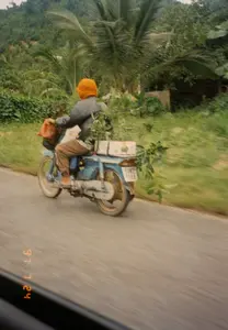 Bức ảnh chụp cảnh một người đang điều khiển xe máy trên một con đường nhựa ở vùng nông thôn. Người lái xe, nhìn từ phía sau, đội một chiếc mũ len màu cam, mặc áo khoác tối màu và quần dài. Chiếc xe máy màu xanh lam, có vẻ là một mẫu xe phổ thông, đang chở hàng hóa bao gồm một thùng carton màu trắng và nhiều cành cây xanh được buộc ở yên sau. Một chiếc túi xách màu nâu cũng được treo ở phía trước xe. Khung cảnh xung quanh là cây cối xanh um, có cả những cây dừa, và một ngọn đồi phủ đầy cây xanh ở phía xa. Bức ảnh bị nhòe do chuyển động, cho thấy nó được chụp từ một phương tiện đang chạy. Ở góc dưới bên trái có dấu ngày tháng màu cam "97 7 24".。（日本語訳）。田舎のアスファルトの道をバイクで走る人の写真です。後ろから見た運転手は、オレンジ色のニット帽をかぶり、暗い色のジャケットと長ズボンを着用しています。青いバイクは、一般的なモデルのようで、白い段ボール箱と後部座席に縛り付けられたたくさんの緑の木の枝を含む荷物を運んでいます。茶色いハンドバッグもバイクの前に掛けられています。周囲の風景は緑豊かな木々で、ヤシの木もあり、遠くには緑に覆われた丘が見えます。写真は動きによってブレており、走行中の乗り物から撮影されたことを示しています。左下隅にはオレンジ色の日付スタンプ「97 7 24」があります。