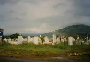 Bức ảnh chụp một nghĩa trang ven đường, có thể là một nghĩa trang Công giáo vì có nhiều ngôi mộ màu trắng được gắn thánh giá trên đỉnh. Các ngôi mộ có nhiều hình dạng và kích thước khác nhau, nằm giữa khu đất có cỏ mọc um tùm. Ở phía sau, một dãy núi lớn, xanh tươi hiện ra dưới bầu trời u ám, nhiều mây. Phía trước, có một phần của con đường với một vũng nước nhỏ. Bên trái khung hình có một biển báo màu xanh nhưng nội dung không thể đọc được. Không có hoạt động nào của con người được ghi lại. Bức ảnh có vẻ được chụp từ một phương tiện đang di chuyển.。（日本語訳）。写真は道端の墓地を写しており、頂上に十字架が取り付けられた白い墓が多いため、カトリックの墓地である可能性があります。墓は様々な形や大きさで、草が生い茂った土地の中にあります。後方には、曇り空の下、大きく緑豊かな山脈が見えます。手前には、小さな水たまりのある道路の一部があります。フレームの左側には青い標識がありますが、内容は読み取れません。人間の活動は記録されていません。写真は移動中の乗り物から撮影されたようです。