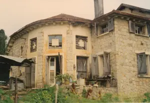 Bức ảnh chụp một ngôi biệt thự cổ hai tầng được xây bằng đá, mang nét kiến trúc kiểu Pháp đặc trưng có thể thấy ở Đà Lạt. Ngôi nhà có một phần mặt tiền được thiết kế theo hình vòng cung. Tường nhà được xây bằng những khối đá không đều nhau, một số mảng tường được trát vữa và sơn màu vàng nhưng đã cũ và bong tróc. Mái nhà lợp ngói đỏ đã ngả màu theo thời gian và có một ống khói. Các cửa sổ có cửa chớp bằng gỗ, một số đang mở, một số đóng, và một vài cửa sổ trên tầng hai bị đóng kín bằng ván gỗ. Mặc dù trông cũ kỹ, ngôi nhà dường như vẫn có người ở, với một cánh cửa ra vào đang mở và một vài chậu cây cảnh được đặt trên hiên nhà. Phía bên trái có một mái che tạm bợ bằng tôn. Xung quanh nhà và ở phía trước có nhiều cây cỏ và hoa dại mọc lên. Không có văn bản nào có thể đọc được trong hình ảnh.。（日本語訳）。写真には、ダラットで見られるような特徴的なフランス建築様式の、石で建てられた2階建ての古い別荘が写っている。この家は、正面の一部がアーチ状に設計されている。壁は不揃いな石のブロックで建てられており、壁の一部は漆喰が塗られ黄色く塗装されているが、古びて剥がれている。屋根は赤い瓦で葺かれており、経年で色褪せ、煙突が一つある。窓には木製の鎧戸があり、いくつかは開いており、いくつかは閉まっている。そして2階のいくつかの窓は木の板で塞がれている。左側にはトタン製の仮設の屋根がある。家の周りと手前には、多くの草木や野花が生えている。画像内に読み取れる文字はない。