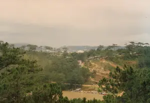 Đây là một bức ảnh phong cảnh chụp từ trên cao, nhìn xuống một thung lũng có hồ nước và được bao quanh bởi những ngọn đồi trồng thông. Khung cảnh này rất đặc trưng cho vùng Đà Lạt. Bầu trời u ám, có sương mù nhẹ bao phủ phía xa.。Địa điểm: Một khu vực hồ nước giải trí trên cao nguyên.。- Các vật thể có trong ảnh: Rất nhiều cây thông mọc trên các sườn đồi. Phía dưới là một hồ nước, có màu nâu vàng. Dọc bờ hồ có một bến thuyền với hàng chục chiếc thuyền nhỏ, nhiều khả năng là thuyền đạp vịt (pedalo) và thuyền chèo, đang neo đậu san sát nhau. Trên sườn đồi có những con đường đất và một vài ngôi nhà, lán trại đơn sơ.。- Hoạt động: Cảnh vật cho thấy đây là một khu du lịch, nơi du khách có thể thuê thuyền để dạo chơi trên hồ. Có thể thấy vài bóng người rất nhỏ ở gần khu vực bến thuyền.。- Chữ viết: Không có bất kỳ chữ viết, biển báo hay bảng hiệu nào có thể đọc được trong ảnh.。（日本語訳）。これは上空から撮影された風景写真で、湖のある谷を見下ろし、松が植えられた丘に囲まれています。この風景はダラット地方の典型的なものです。空は曇っており、遠くは薄い霧に覆われています。場所：高原にあるレクリエーション用の湖水地域。- 写真に写っているもの：丘の斜面にたくさんの松の木が生えています。下には黄褐色の湖があります。湖畔にはボート乗り場があり、数十隻の小さなボート、おそらくはアヒルボート（ペダルボート）や手漕ぎボートが、互いに密集して停泊しています。丘の斜面には未舗装の道と、いくつかの家や簡素な小屋があります。- アクティビティ：この風景は、観光客がボートを借りて湖で遊覧できる観光地であることを示しています。ボート乗り場の近くに、非常に小さな人影がいくつか見えます。- 文字：写真の中には、読み取れる文字、標識、看板は一切ありません。