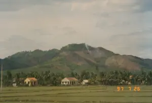 Bức ảnh chụp một khung cảnh nông thôn ở Việt Nam. Ở tiền cảnh là một cánh đồng lúa xanh. Ở giữa là một vài ngôi nhà cấp bốn, một ngôi có tường màu vàng và mái ngói màu cam, nằm xen kẽ giữa những hàng cây dừa. Ở hậu cảnh là một ngọn núi lớn được bao phủ bởi cây xanh, tuy nhiên có những mảng lớn trên sườn núi đã bị phát quang, trơ đất. Một cột khói trắng đang bốc lên từ đỉnh núi, có thể là dấu hiệu của việc đốt nương làm rẫy. Bầu trời nhiều mây. Ở góc dưới bên phải của ảnh có dấu ngày tháng màu vàng "97 7 26".。（日本語訳）。写真はベトナムの田舎の風景を写しています。前景には緑の田んぼがあります。中央にはいくつかの平屋があり、そのうちの一軒は黄色い壁とオレンジ色の瓦屋根で、ココヤシの木々の間に点在しています。背景には緑の木々に覆われた大きな山がありますが、山腹の広い範囲が伐採され、土がむき出しになっています。山頂からは白い煙の柱が立ち上っており、焼き畑農業の印かもしれません。空は曇っています。写真の右下隅には、黄色い日付「97 7 26」があります。