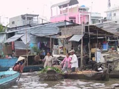 Bối cảnh là một khu chợ nổi hoặc một khu dân cư ven sông, có thể là ở Cần Thơ. Hình ảnh cho thấy hoạt động sinh hoạt và buôn bán trên sông. Ở trung tâm bức ảnh, một chiếc ghe gỗ chở đầy các loại rau củ. Trên ghe có ba người dường như đang trao đổi hoặc mua bán. Một người phụ nữ đang giơ một chiếc nia (dụng cụ nông nghiệp bằng tre) lớn. Ở phía tiền cảnh, một người phụ nữ khác đội nón lá đang ngồi trên một chiếc thuyền nhỏ màu xanh. Phía sau là những ngôi nhà sàn được xây dựng ven sông, một số có kết cấu đơn giản với mái tôn. Một ngôi nhà ở phía sau được sơn màu hồng nổi bật. Không có chữ viết hay biển hiệu nào có thể đọc được trong ảnh.。（日本語訳）。背景は水上マーケットか川沿いの住宅地で、おそらくカントーでしょう。写真は川での生活や商売の様子を写しています。写真の中央には、野菜をたくさん積んだ木造の船があります。船の上には3人の人がいて、やり取りまたは売買をしているようです。一人の女性が大きなニア（竹製の農具）を掲げています。前景には、ノンラーをかぶった別の女性が青い小舟に乗っています。後方には川沿いに建てられた高床式の家々があり、いくつかはトタン屋根の簡素な造りをしています。後方にある一軒の家は、目立つピンク色に塗られています。写真の中には読み取れる文字や看板はありません。