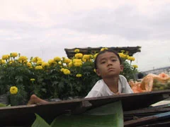 Hình ảnh ghi lại cảnh một cậu bé đang ngồi trên một chiếc ghe hoặc thuyền. Cậu bé mặc áo thun trắng, nhìn thẳng vào ống kính. Phía sau cậu là rất nhiều chậu hoa vạn thọ màu vàng rực rỡ, một loại hoa đặc trưng thường được trưng bày trong dịp Tết Nguyên Đán ở Việt Nam. Bối cảnh này cho thấy đây có thể là một khu chợ hoa nổi trên sông ở Cần Thơ, nơi người dân đang vận chuyển hoa trên ghe để bán. Phía trước có một tấm ván gỗ và một tàu lá chuối. Bầu trời u ám và có nhiều mây.。（日本語訳）。少年は白いTシャツを着て、まっすぐレンズを見ています。彼の後ろには、ベトナムのテト（旧正月）の際によく飾られる特徴的な花である、鮮やかな黄色のマリーゴールドの鉢植えが沢山あります。この背景は、ここがカントーの水上花市場で、人々が小舟で花を運んで販売している場所である可能性を示しています。手前には木の板とバナナの葉があります。空はどんよりとしており、雲が多いです。