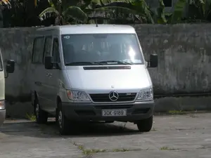 Bức ảnh chụp một chiếc xe van (minibus) hiệu Mercedes-Benz màu bạc đang đỗ trên một sân bê tông. Trên lưới tản nhiệt phía trước của xe có dòng chữ "311 CDI". Phía sau xe là một bức tường bê tông, và phía trên tường có thể thấy những tán lá chuối xanh tốt. Sân bê tông có một vài vết nứt và cỏ mọc lên. Khung cảnh tĩnh lặng, không có người hay hoạt động nào đang diễn ra.。（日本語訳）。銀色のメルセデス・ベンツブランドのバン（ミニバス）がコンクリートの庭に駐車している写真です。車のフロントグリルには「311 CDI」という文字があります。車の後ろにはコンクリートの壁があり、壁の上には青々としたバナナの葉が見えます。コンクリートの庭にはいくつかのひび割れがあり、草が生えています。静かな光景で、人や活動は行われていません。