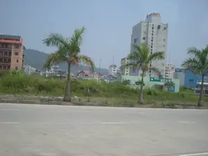 Bức ảnh chụp một cảnh quan đô thị ven đường. Ở phía trước là một con đường nhựa rộng rãi có vạch kẻ đường màu trắng. Dọc theo lề đường là một dải đất mọc đầy cỏ dại và một vài cây cọ. Ở hậu cảnh là nhiều tòa nhà với các độ cao và kiến trúc khác nhau, nằm dưới chân một ngọn đồi hoặc núi. Nổi bật là một tòa nhà khách sạn cao tầng màu xám với biển hiệu màu đỏ trên nóc ghi chữ "CROWN HOTEL". Bên cạnh đó, có một tòa nhà thấp hơn màu xanh lá cây với biển hiệu có hình ngôi sao và chữ "BIG STAR". Bầu trời trong xanh nhưng có vẻ hơi mờ. Không có người hay hoạt động cụ thể nào được nhìn thấy rõ, cho thấy cảnh vật được chụp từ một phương tiện đang di chuyển.。（日本語訳）。写真は、道路沿いの都市景観を写したものです。手前には、白い車線が引かれた広々としたアスファルトの道路があります。道端に沿って、雑草が生い茂り、数本のヤシの木がある一帯の土地があります。背景には、丘または山の麓に、さまざまな高さと建築様式の多くの建物があります。目立つのは、屋上に「CROWN HOTEL」と書かれた赤い看板がある灰色の高層ホテルビルです。その隣には、星の形と「BIG STAR」という文字が描かれた看板がある、より低い緑色の建物があります。空は青いですが、少し霞んでいるように見えます。人や特定の活動ははっきりと見えず、移動中の乗り物から風景が撮影されたことを示唆しています。