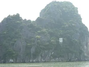 Bức ảnh chụp một hòn đảo đá vôi lớn và hùng vĩ đặc trưng của Vịnh Hạ Long. Toàn bộ hòn đảo được bao phủ bởi cây cối xanh tươi. Phía dưới chân núi là mặt nước biển. Trên sườn của vách đá, có một tấm biển lớn màu trắng. Tấm biển này có biểu tượng Di sản Thế giới của UNESCO (một hình vuông bên trong một vòng tròn). Mặc dù có chữ viết trên biển, nhưng không thể đọc được nội dung chi tiết. Khung cảnh tổng thể là một cảnh quan thiên nhiên yên bình trên biển, không có sự xuất hiện của con người hay hoạt động cụ thể nào.。（日本語訳）。写真は、ハロン湾特有の大きく雄大な石灰岩の島を写しています。島全体が青々とした木々で覆われています。山の麓には海面があります。崖の中腹には、大きな白い看板があります。この看板には、UNESCO世界遺産のシンボル（円の中の四角形）があります。看板には文字が書かれていますが、詳細な内容を読むことはできません。全体的な光景は、海上の穏やかな自然景観であり、人の姿や特定の活動は見られません。