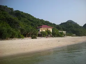 Hình ảnh chụp một khung cảnh ven biển yên tĩnh, có khả năng là một hòn đảo nhỏ ở khu vực Vịnh Hạ Long. Bối cảnh chính là một bãi cát trắng mịn trải dài. Phía sau bãi biển là một ngọn đồi được bao phủ bởi cây cối xanh tươi rậm rạp. Trên bờ biển có một ngôi nhà hai tầng, sơn tường màu vàng và có mái ngói màu đỏ. Một ngôi nhà khác nhỏ hơn cũng có thể được nhìn thấy ở phía sau. Phía trước ngôi nhà chính có một cấu trúc nhỏ hơn với mái lợp bằng lá, có thể là một khu vực nghỉ ngơi. Dọc theo rìa bãi biển, nơi tiếp giáp với chân đồi, có một hàng cây, có thể là cây dứa dại. Mặt nước biển ở phía trước khá lặng, có màu xanh lục. Bầu trời trong xanh, không có mây. Không có người hay hoạt động nào rõ rệt được ghi nhận trong ảnh, tạo nên một cảm giác thanh bình và tách biệt.。（日本語訳）。静かな海岸の風景を写した写真で、おそらくハロン湾地域の小さな島でしょう。主な背景は、広がるきめ細かい白砂のビーチです。ビーチの後ろには、青々と生い茂る木々に覆われた丘があります。海岸には、壁が黄色に塗られ、赤い瓦屋根を持つ二階建ての家があります。その後ろには、もう一軒のより小さな家も見えます。母屋の前には、葉で葺かれた屋根を持つ小さな建造物があり、おそらく休憩所でしょう。ビーチの縁、丘の麓と接する場所に沿って、おそらくタコノキと思われる木々が並んでいます。前面の海面は非常に穏やかで、緑色をしています。空は青く澄み渡り、雲はありません。写真には人や目立った活動は記録されておらず、静かで隔絶された感覚を生み出しています。