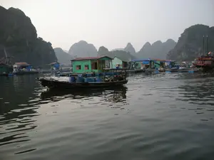 Bối cảnh là một làng chài nổi trên mặt nước, có khả năng là ở Vịnh Hạ Long, được bao quanh bởi những dãy núi đá vôi hùng vĩ. Nhiều ngôi nhà nổi với các màu sắc khác nhau như xanh lá cây, xanh dương được dựng trên các hệ thống phao nổi làm từ thùng phuy nhựa. Ở giữa bức ảnh, một chiếc ghe gỗ nhỏ đang di chuyển, trên ghe có một người và chở rất nhiều thùng phuy nhựa màu xanh. Hoạt động này cho thấy việc vận chuyển hàng hóa hoặc vật tư sinh hoạt, có thể liên quan đến việc nuôi trồng thủy sản, một hoạt động kinh tế chính ở các làng chài nổi. Không có văn bản hay biển hiệu nào có thể đọc được. Khung cảnh tổng thể mô tả cuộc sống sinh hoạt thường ngày tại một làng chài trên biển.。（日本語訳）。背景は水上に浮かぶ漁村で、おそらくハロン湾にあり、雄大な石灰岩の山々に囲まれている。緑や青など様々な色の多くの水上家屋が、プラスチック製のドラム缶で作られた浮き桟橋の上に建てられている。写真の中央では、小さな木造の小舟が移動しており、舟には一人の人が乗っていて、たくさんの青いプラスチック製のドラム缶を運んでいる。この活動は、商品や生活物資の輸送を示しており、水産養殖に関連している可能性があり、それは水上漁村における主要な経済活動である。読み取れる文字や看板はない。全体的な光景は、海上の漁村での日常生活を描写している。