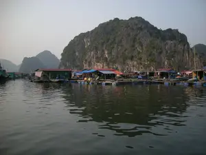 Bức ảnh chụp một làng chài nổi trên mặt nước, có thể là ở Vịnh Hạ Long, với những dãy núi đá vôi hùng vĩ làm nền. Nhiều ngôi nhà nổi được xây dựng san sát nhau. Các ngôi nhà này có kết cấu đơn giản, được dựng trên hệ thống phao, thùng phuy và bè gỗ để nổi trên mặt nước. Mái nhà được lợp bằng tôn hoặc các tấm bạt nhiều màu sắc như xanh, đỏ. Đây là nơi sinh sống và cũng là nơi làm việc của người dân, chủ yếu là hoạt động nuôi trồng thủy sản trong các lồng bè được bố trí ngay dưới và xung quanh nhà. Có thể thấy một vài người đang sinh hoạt trên bè. Mặt nước lặng, phản chiếu hình ảnh của những ngôi nhà và ngọn núi, tạo nên một khung cảnh yên bình đặc trưng của cuộc sống trên sông nước. Không có chữ viết nào có thể đọc được trong ảnh.。（日本語訳）。写真は、雄大な石灰岩の山々を背景にした、水上に浮かぶ漁村を写しており、おそらくハロン湾にあるものでしょう。多くの水上家屋が密集して建てられています。これらの家屋はシンプルな構造で、水上に浮かぶように浮き、ドラム缶、木製のいかだのシステムの上に建てられています。屋根はトタンや、青や赤など色とりどりの防水シートで葺かれています。ここは人々の生活の場であり、また仕事場でもあり、主に家の真下や周りに配置されたいけすでの水産養殖活動が行われています。いかだの上で生活している何人かの人々が見えます。水面は穏やかで、家々や山の姿を映し出し、水上生活に特徴的な穏やかな光景を作り出しています。写真の中には読み取れる文字はありません。