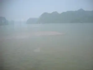 Đây là khung cảnh trên biển ở Vịnh Hạ Long. Phía xa là những hòn đảo đá vôi đặc trưng của khu vực, nhưng bị che khuất một phần bởi lớp sương mù dày đặc. Mặt nước biển có màu xanh lục và gợn sóng nhẹ. Ở giữa mặt nước có một bãi cát nhỏ nổi lên. Không có tàu thuyền, con người hay bất kỳ hoạt động nào khác được nhìn thấy trong ảnh. Toàn cảnh mang vẻ mờ ảo và yên tĩnh của thiên nhiên.。（日本語訳）。これはハロン湾の海上の景色です。遠方には、この地域特有の石灰岩の島々がありますが、厚い霧の層によって一部が隠されています。海面は緑色で、穏やかに波立っています。水面の中央には、小さな砂州が浮かび上がっています。写真には、船、人、その他のいかなる活動も見られません。全景は、自然の幻想的で静寂な様子を呈しています。