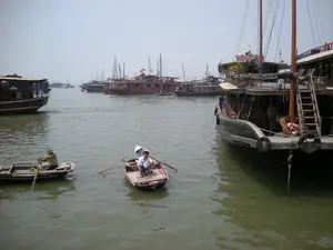 Trên một chiếc tàu gỗ ở phía bên trái có ghi số hiệu 'QN-2069'.。Bối cảnh là một vùng nước rộng trên vịnh, có thể là một bến cảng hoặc khu vực neo đậu tàu thuyền ở Vịnh Hạ Long, với rất nhiều tàu thuyền đang hoạt động. Bầu trời có vẻ nhiều mây hoặc có sương mù.。Ở tiền cảnh, có hai người đang chèo hai chiếc thuyền nan nhỏ bằng gỗ. Một người đàn ông đội nón lá, mặc áo sơ mi trắng, đang ngồi trên thuyền và chèo. Người còn lại cũng đang chèo chiếc thuyền của mình.。Xung quanh họ và ở phía sau là rất nhiều tàu gỗ lớn, bao gồm cả những chiếc tàu du lịch kiểu thuyền buồm truyền thống. Một chiếc tàu lớn bằng gỗ sẫm màu chiếm phần lớn phía bên phải của bức ảnh. Nhiều con tàu ở phía xa được trang trí bằng cờ Việt Nam.。（日本語訳）。左側にある木造船には「QN-2069」という船体番号が書かれています。背景は湾の広大な水域で、ハロン湾の港または船舶の停泊区域である可能性があり、多くの船が活動しています。空は曇っているか、霧がかかっているようです。前景には、2人が2隻の小さな木製の手漕ぎボートを漕いでいます。ノンラー（菅笠）をかぶり、白いシャツを着た男性がボートに座って漕いでいます。もう1人も自分のボートを漕いでいます。彼らの周りや後方には、伝統的な帆船風の観光船を含む、多くの大きな木造船があります。濃い色の木造の大きな船が、写真の右側の大部分を占めています。遠くにある多くの船は、ベトナムの国旗で飾られています。