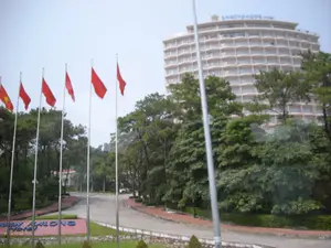 Trong ảnh là quang cảnh bên ngoài của một khách sạn lớn. Trên nóc tòa nhà có dòng chữ 'SAIGON HALONG HOTEL'. Một tấm biển khác ở lối vào cũng ghi dòng chữ 'SAIGON HALONG HOTEL' màu xanh trên nền hồng. Địa điểm này là lối vào của khách sạn Saigon Halong, với một con đường trải nhựa dẫn vào khuôn viên. Không có hoạt động cụ thể nào của con người được ghi lại, chỉ có cảnh vật tĩnh lặng. Ở phía trước, có một hàng cột cờ đang treo một lá cờ Việt Nam (nền đỏ sao vàng) và nhiều lá cờ màu đỏ trơn đang bay trong gió. Tòa nhà khách sạn là một công trình cao tầng, có kiến trúc hình vòng cung với rất nhiều ban công. Xung quanh khách sạn và dọc theo con đường được bao phủ bởi nhiều cây xanh, bao gồm cả cây thông, tạo nên một không gian thoáng đãng.。（日本語訳）。建物の屋上には「SAIGON HALONG HOTEL」という文字があります。入り口にある別の看板にも、ピンクの背景に青い文字で「SAIGON HALONG HOTEL」と書かれています。この場所はサイゴン・ハロンホテルの入り口で、敷地内へと続く舗装された道があります。前方には、ベトナム国旗（赤地に黄色の星）1枚と、多くの無地の赤い旗が風になびいている旗竿の列があります。ホテルの建物は高層建築で、非常に多くのバルコニーを持つ円弧状の建築様式です。ホテルの周りや道沿いは、松の木を含む多くの緑の木々に覆われており、広々とした空間を作り出しています。