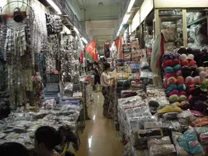 Đây là một khu chợ trong nhà ở Hà Nội, có lối đi hẹp với các gian hàng san sát nhau ở hai bên. Không khí trong chợ khá tấp nập với một số người đang mua sắm. Gian hàng bên trái bày bán rất nhiều loại phụ kiện trang sức như dây chuyền, vòng tay, kẹp tóc, được treo dày đặc. Một chiếc quạt điện màu đen được gắn trên tường. Gian hàng bên phải chuyên bán đồ lót nữ, chủ yếu là áo ngực với đủ màu sắc được xếp thành từng chồng. Ở phía sau, có một lá cờ Việt Nam (cờ đỏ sao vàng) được treo lên. Phía trên các gian hàng có các biển hiệu nhưng chữ viết không thể đọc được.。（日本語訳）。これはハノイにある屋内市場で、両側に店がひしめき合う狭い通路があります。市場の中は買い物客でかなり賑わっています。左側の店では、ネックレス、ブレスレット、ヘアクリップなど、たくさんの種類のアクセサリーが所狭しと吊るされて販売されています。壁には黒い扇風機が取り付けられています。右側の店は女性用下着の専門店で、主に様々な色のブラジャーが山積みになって並べられています。奥には、ベトナムの国旗（金星紅旗）が掲げられています。店の上には看板がありますが、文字は読み取れません。