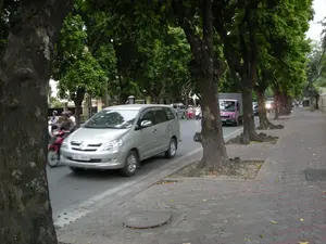 Cảnh quan là một con đường phố ở Hà Nội, có vỉa hè rộng được lát gạch. Dọc theo vỉa hè là một hàng cây cổ thụ với thân cây to và tán lá xanh rậm rạp. Trên đường, có nhiều phương tiện đang tham gia giao thông. Ở phía trước, một chiếc ô tô 7 chỗ màu bạc đang di chuyển. Ở phía sau, có thể thấy nhiều người đang đi xe máy, một số người đội mũ bảo hiểm. Ngoài ra còn có một chiếc xe tải nhỏ màu hồng và các phương tiện khác ở phía xa. Không có văn bản hay chữ viết nào có thể đọc được trong hình ảnh. Đây là một cảnh giao thông thường ngày trên một con phố rợp bóng cây ở thành phố.。（日本語訳）。風景はハノイのある街路で、タイルで舗装された広い歩道があります。歩道に沿って、太い幹と青々と茂った葉を持つ古い木が並んでいます。道路上では、多くの車両が交通に参加しています。前方では、銀色の7人乗り自動車が走行しています。後方には、多くの人々がバイクに乗っているのが見え、何人かはヘルメットを着用しています。その他にも、ピンク色の小型トラックや、遠くに他の車両があります。画像内には読み取れるテキストや文字はありません。これは、都市の木陰の多い通りでの日常的な交通風景です。
