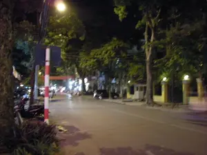 Bức ảnh chụp một con đường vào ban đêm, có khả năng là ở Hà Nội. Con đường được thắp sáng bởi những ngọn đèn đường, tạo ra ánh sáng màu vàng. Mặt đường có vẻ ẩm ướt, có thể là do trời vừa mưa. Dọc hai bên đường là hàng cây xanh cao lớn. Ở lề đường bên trái, có một số xe máy và ô tô đang đỗ. Phía trước, có một cột mốc sơn sọc đỏ và trắng, trên đó có một biển báo màu xanh nhưng không thể đọc được nội dung do hình ảnh bị mờ. Phía xa trên đường có thể thấy một vài người và phương tiện đang di chuyển. Bên phải đường có một bức tường với các cột trụ được gắn đèn và một cấu trúc nhỏ giống như bốt gác. Không khí trên đường phố trông khá yên tĩnh.。（日本語訳）。写真は夜の道を撮影したもので、ハノイの可能性が高いです。道路は街灯に照らされ、黄色い光を放っています。路面は濡れているように見え、雨が降ったばかりなのかもしれません。道路の両脇には、背の高い緑の木々が並んでいます。道路の左側には、数台のバイクと車が駐車しています。前方には、赤と白の縞模様に塗られた標柱があり、その上には青い標識がありますが、画像がぼやけているため内容は読み取れません。道路の遠くには、数人の人々や車両が移動しているのが見えます。道路の右側には、照明が取り付けられた柱のある壁と、警備員詰所のような小さな建造物があります。通りの雰囲気はかなり静かに見えます。