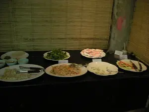 Đây là một quầy phục vụ đồ ăn tự chọn (buffet) trong nhà, có thể ở một nhà hàng hoặc khách sạn. Trên một chiếc bàn dài màu đen, nhiều món ăn Việt Nam được bày biện trên các đĩa sứ trắng để phục vụ. Có các biển tên nhỏ ghi tên món ăn. Các món ăn có thể nhận diện bao gồm: một đĩa gỏi gà xé phay với biển tên ghi "SALAD GÀ" và "Goi ga xé phay"; một đĩa sa lát dưa chuột và cà chua với biển tên ghi "SA LÁT DƯA CHUỘT, CÀ CHUA"; một đĩa bánh có tên "BÁNH ĐA NGA"; một đĩa lớn đựng các món cuốn đã được cắt thành khoanh (trông giống nem cuốn hoặc chả cuốn); một đĩa rau thơm ăn kèm; và các bát nhỏ đựng nước chấm cùng với bánh tráng. Mỗi đĩa thức ăn đều có kẹp gắp hoặc thìa để khách tự lấy. Phông nền phía sau là mành tre.。（日本語訳）。これは屋内のビュッフェ形式の料理を提供するカウンターで、レストランかホテルにあると思われます。黒い長いテーブルの上に、多くのベトナム料理が白い磁器の皿に盛り付けられて提供されています。料理名が書かれた小さなネームプレートがあります。見分けがつく料理には、「SALAD GÀ」および「Goi ga xé phay」と書かれたネームプレートが付いた鶏肉の裂き身サラダ一皿、「SA LÁT DƯA CHUỘT, CÀ CHUA」と書かれたネームプレートが付いたキュウリとトマトのサラダ一皿、「BÁNH ĐA NGA」という名前の bánh（お菓子・パン類）一皿、輪切りにされた巻き物（生春巻きか揚げ春巻きに似ています）が入った大皿一皿、付け合わせの香草一皿、そしてタレが入った小鉢とライスペーパーが含まれます。それぞれの料理皿には、客が自分で取れるようにトングまたはスプーンが付いています。後ろの背景は竹のすだれです。