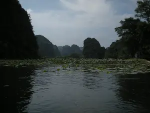 Bức ảnh ghi lại một khung cảnh sông nước hữu tình, đặc trưng của vùng Ninh Bình. Trung tâm của bức ảnh là một con sông hoặc hồ rộng lớn, mặt nước phẳng lặng và có màu sẫm, phản chiếu cảnh vật xung quanh. Trên mặt nước có rất nhiều lá sen (hoặc lá súng) xanh mướt đang nổi. Bao quanh mặt nước là những dãy núi đá vôi hùng vĩ, được cây cối bao phủ xanh tươi. Bầu trời có mây, ánh sáng không quá gắt. Góc chụp thấp cho thấy có khả năng người chụp đang ngồi trên một chiếc thuyền nhỏ (ghe) để tham quan, du ngoạn trên sông. Phía bờ bên phải có thể thấy lùm cây và một công trình nhỏ giống như một ngôi miếu thờ. Khung cảnh tổng thể rất yên bình và tĩnh lặng, không có hoạt động nào của con người được nhìn thấy rõ ràng. Không có bất kỳ chữ viết nào trong ảnh.。（日本語訳）。写真は、ニンビン地方特有の、情緒あふれる水郷の風景を捉えています。写真の中心には大きな川または湖があり、水面は穏やかで暗い色をしており、周りの景色を映し出しています。水面には、青々とした蓮（または睡蓮）の葉がたくさん浮かんでいます。水面を囲んでいるのは、緑豊かな木々に覆われた雄大な石灰岩の山々です。空は曇っており、光はそれほど強くありません。低い撮影アングルは、撮影者が川を観光・遊覧するために小さなボート（ゴンドラ）に乗っている可能性を示しています。右岸には、茂みと小さな祠のような建物が見えます。全体の風景は非常に平和で静かで、人間の活動ははっきりと見えません。写真には文字は一切ありません。