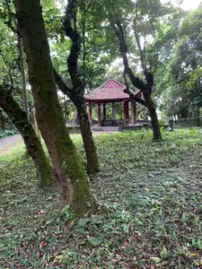 森の中に佇む赤い屋根の東屋。東屋の中央には石碑らしきものがあるが、刻まれた文字は