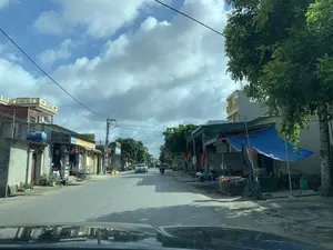 Khung cảnh một con đường ở một khu vực dân cư tại Việt Nam, được chụp từ bên trong một chiếc ô tô. Con đường được trải nhựa, có một chiếc ô tô màu bạc và một người đi xe máy đang lưu thông. Hai bên đường là những ngôi nhà và cửa hàng san sát nhau. Bên trái có một cửa hàng bán lồng chim. Bên phải có một quán hàng rong ven đường được che bằng tấm bạt màu xanh, nơi có vài người đang ngồi bán hàng. Dọc đường có nhiều cây xanh, cột điện với dây điện chằng chịt. Bầu trời có mây. Có một số biển hiệu và biển báo nhưng không thể đọc rõ nội dung.。（日本語訳）。ベトナムのある住宅街の道路の風景、車内から撮影されたもの。道路は舗装されており、銀色の車1台とバイクに乗った人1人が通行している。道路の両側には家や店が密集している。左側には鳥かごを売る店がある。右側には青いシートで覆われた路上屋台があり、数人が座って商品を売っている。道沿いには多くの緑の木々、そして電線が絡み合った電柱がある。空は曇っている。いくつかの看板や標識があるが、内容ははっきりと読み取れない。