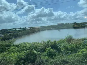 Bức ảnh chụp một khung cảnh nông thôn, có khả năng là một khu vực nuôi trồng thủy sản.。- **Loại địa điểm:** Đây là một khu vực có các ao nuôi trồng thủy sản. Ở giữa là một cái ao lớn với mặt nước tĩnh lặng. Bờ ao được gia cố, có thể được lót bạt đen, một kỹ thuật phổ biến trong nuôi tôm hoặc cá.。- **Hoạt động:** Không có hoạt động nào của con người được ghi lại trực tiếp, nhưng cơ sở hạ tầng cho thấy đây là một trang trại đang hoạt động, chuyên về nuôi trồng thủy sản.。- **Các vật thể:** Ở trung tâm là một ao nước lớn. Phía xa là các công trình xây dựng bao gồm nhà ở và các dãy nhà dài có mái che màu xanh lá cây và trắng, có thể là nhà kho hoặc khu vực sản xuất của trang trại. Tiền cảnh là những bụi cây xanh rậm rạp. Bầu trời trong xanh, có nhiều mây trắng và các đường dây điện chạy ngang qua phía trên. Không có văn bản hay chữ viết nào có thể nhận dạng được trong ảnh.。（日本語訳）。この写真は田園風景を写したもので、おそらく水産養殖地域だと思われます。- **場所の種類:** ここは水産養殖池がある地域です。中央には、水面が静かな大きな池があります。池の岸は補強されており、エビや魚の養殖で一般的に用いられる技術である黒いシートで覆われている可能性があります。- **活動:** 人間の活動は直接記録されていませんが、インフラはここが水産養殖を専門とする稼働中の農場であることを示しています。- **物体:** 中央には大きな水の池があります。遠くには住居や、緑と白の屋根を持つ長い建物群を含む建造物があり、それらは農場の倉庫または生産エリアである可能性があります。前景には緑豊かな茂みがあります。空は青く澄んでおり、白い雲が多く、頭上を電線が横切っています。写真の中には識別可能なテキストや文字はありません。