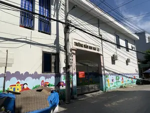 Bức ảnh chụp mặt tiền của Trường Mầm non Ngư Lộc, nằm trên một con đường nhỏ.。Chữ viết trên các biển hiệu:。1. Biển hiệu chính phía trên cổng vào: "TRƯỜNG MẦM NON NGƯ LỘC".。2. Tấm biển thông báo màu đỏ treo trên cổng sắt:。"THỜI GIAN ĐÓN, TRẢ TRẺ。MÙA HÈ:。SÁNG ĐÓN TRẺ TỪ 6h45 - 8h。CHIỀU TRẢ TRẺ TỪ 16h - 17h。MÙA ĐÔNG:。SÁNG ĐÓN TRẺ TỪ 7h - 8h。CHIỀU TRẢ TRẺ TỪ 16h - 17h"。Mô tả cảnh quan và hoạt động:。Địa điểm là một trường mầm non. Tòa nhà được sơn màu trắng, phần tường phía dưới được trang trí bằng những bức tranh tường sặc sỡ vẽ cảnh làng quê, nhà cửa, cây cối, ô tô và các em bé. Cổng trường bằng sắt đang đóng. Phía trước có một cột điện với hệ thống dây điện và dây cáp chằng chịt. Hai cục nóng điều hòa được lắp trên tường. Các cửa sổ tầng trên có song sắt và rèm sọc xanh trắng. Ở góc dưới bên trái, có một đống đồ vật được che phủ bởi một tấm chiếu và một tấm bạt màu xanh đã rách. Khung cảnh vắng lặng, không có người hay hoạt động nào đang diễn ra. Trời nắng, bóng của cột điện và dây điện đổ rõ trên tường và mặt đường.。（日本語訳）。小さな通りに面した、グーロク幼稚園の正面を写した写真。看板の文字：。1. 入口ゲートの上にあるメイン看板：「グーロク幼稚園」。2. 鉄製のゲートに掛けられた赤い案内板：。「園児の送迎時間。夏季：。朝の登園時間 6時45分～8時。午後のお迎え時間 16時～17時。冬季：。朝の登園時間 7時～8時。午後のお迎え時間 16時～17時」。風景と活動の描写：。場所は幼稚園です。建物は白く塗られており、壁の下部は田舎の風景、家、木、車、そして子供たちを描いたカラフルな壁画で飾られています。鉄製の校門は閉まっています。正面には電柱があり、電線やケーブルが複雑に絡み合っています。2台のエアコンの室外機が壁に取り付けられています。上階の窓には鉄格子と青と白のストライプのカーテンがあります。左下の角には、ござと破れた青い防水シートで覆われた物の山があります。辺りは静まり返っており、人や活動の様子は見られません。晴れており、電柱と電線の影が壁と路面にくっきりと落ちています。