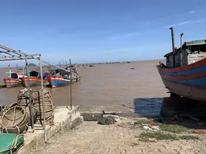 Bối cảnh là một cảng cá hoặc bến thuyền ven biển vào một ngày nắng đẹp, trời trong xanh. Mặt nước biển có màu nâu đục. Rất nhiều tàu đánh cá (ghe/tàu) bằng gỗ, được sơn màu sắc sặc sỡ như xanh và đỏ, đang neo đậu san sát nhau cả ở gần bờ và ngoài khơi xa. Ở phía trước, có một cầu tàu bằng bê tông dẫn xuống mép nước. Trên cầu tàu có những chiếc sọt tre lớn dùng để vận chuyển cá và một đống lưới đánh cá. Một người đang nằm nghỉ hoặc ngủ trên đống lưới. Bên phải là một chiếc tàu gỗ cũ đang được kéo lên bờ, có thể để sửa chữa. Trên thân một số tàu có ghi số hiệu đăng ký, có thể đọc được các số như "TH 91519 TS", "TH 81387 TS" và "TH 90308 TS". Hoạt động chính ở đây là đánh bắt cá, mặc dù tại thời điểm chụp ảnh, khung cảnh khá tĩnh lặng, có thể là giờ các ngư dân nghỉ ngơi.。（日本語訳）。背景は、空が青く澄んだ晴れた日の、とある漁港または海辺の船着き場です。海面は濁った茶色をしています。青や赤のような鮮やかな色で塗装された木造の漁船（ghe/tàu）が、岸の近くにも沖合にも、数多く密集して停泊しています。手前には、水際まで続くコンクリート製の桟橋があります。桟橋の上には、魚を運ぶための大きな竹籠と、山積みの漁網があります。一人の人が網の山の上で横になって休んでいるか、寝ています。右側には、陸に引き上げられている古い木造船が一隻あり、おそらく修理のためでしょう。いくつかの船の船体には登録番号が記されており、「TH 91519 TS」、「TH 81387 TS」、「TH 90308 TS」といった番号が読み取れます。ここでの主な活動は漁業ですが、撮影された時点では、風景はかなり静かで、おそらく漁師たちが休憩している時間なのでしょう。