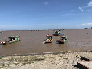 Khung cảnh chụp tại một khu vực ven biển hoặc cửa sông dưới bầu trời xanh và nắng. Trên mặt nước màu nâu đục, có rất nhiều tàu, ghe đánh cá bằng gỗ đang neo đậu. Ở phía trước, gần bờ kè bê tông, có một vài chiếc ghe được buộc dây neo lại. Các ghe thuyền này được sơn nhiều màu sắc sặc sỡ như xanh lá cây, đỏ và xanh dương. Một trong những chiếc ghe có cắm cờ Việt Nam. Ở phía xa, hàng chục chiếc tàu cá khác cũng đang neo đậu trên mặt nước, cho thấy đây là một bến cảng hoặc làng chài. Bờ kè được xây bằng các tấm bê tông, có cỏ mọc xen kẽ.。（日本語訳）。青空と太陽の下、ある沿岸地域または河口で撮影された風景。濁った茶色の水面には、たくさんの木製の漁船やボートが停泊している。手前、コンクリートの護岸の近くには、いくつかのボートが係留ロープで結ばれている。これらのボートや船は、緑、赤、青のような多くの鮮やかな色で塗られている。遠くには、他の数十隻の漁船も水面に停泊しており、ここが港または漁村であることを示している。護岸はコンクリートの板で造られており、ところどころに草が生えている。