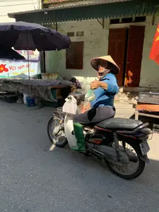 Trong ảnh có một biểu ngữ với dòng chữ: 'VIỆT NAM ƠI。ĐÁNH BAY COVID'. Bối cảnh là một con đường hoặc một khu chợ nhỏ. Một người phụ nữ đang ngồi trên xe máy. Bà đội nón lá, mặc áo xanh, quần đen và đi ủng cao su màu xanh lá cây. Bà dường như vừa đi chợ về, tay đang cầm một túi ni lông đựng đồ, có thể là cá. Một túi ni lông khác được treo ở phía trước xe máy. Ở hậu cảnh, có các quầy hàng ven đường được che bằng bạt và một chiếc ô lớn. Một lá cờ đỏ sao vàng của Việt Nam cũng được treo ở bên phải. Chiếc xe máy là loại Honda Dream II.。（日本語訳）。写真には「ベトナムよ。COVIDを打ち破れ」という文字が書かれた横断幕があります。背景は道路か小さな市場です。一人の女性がバイクに座っています。彼女はノンラーをかぶり、青いシャツ、黒いズボンを履き、緑色のゴム長靴を履いています。彼女は市場から帰ってきたばかりのようで、手には何か物が入ったビニール袋を持っており、それは魚かもしれません。もう一つのビニール袋がバイクの前に掛けられています。背景には、防水シートで覆われた露店と大きな傘があります。右側にはベトナムの金星紅旗も掲げられています。バイクはホンダ・ドリームIIという車種です。